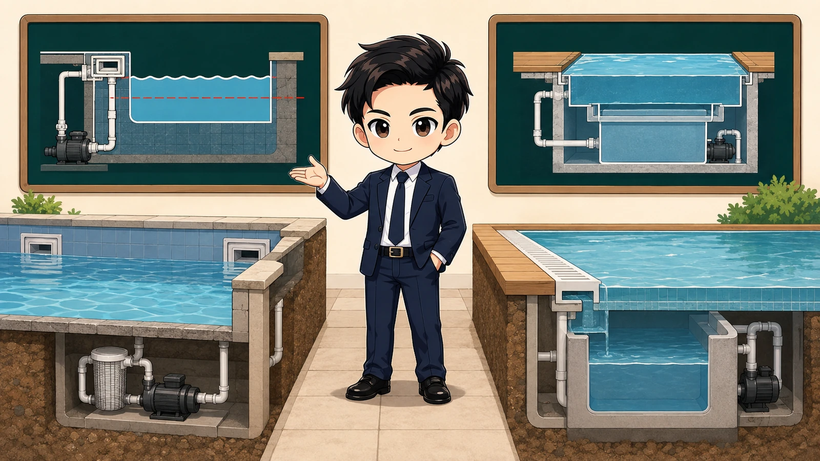ざわ先生が固定式自宅プールのスキマー式とオーバーフロー式を比較するイラスト