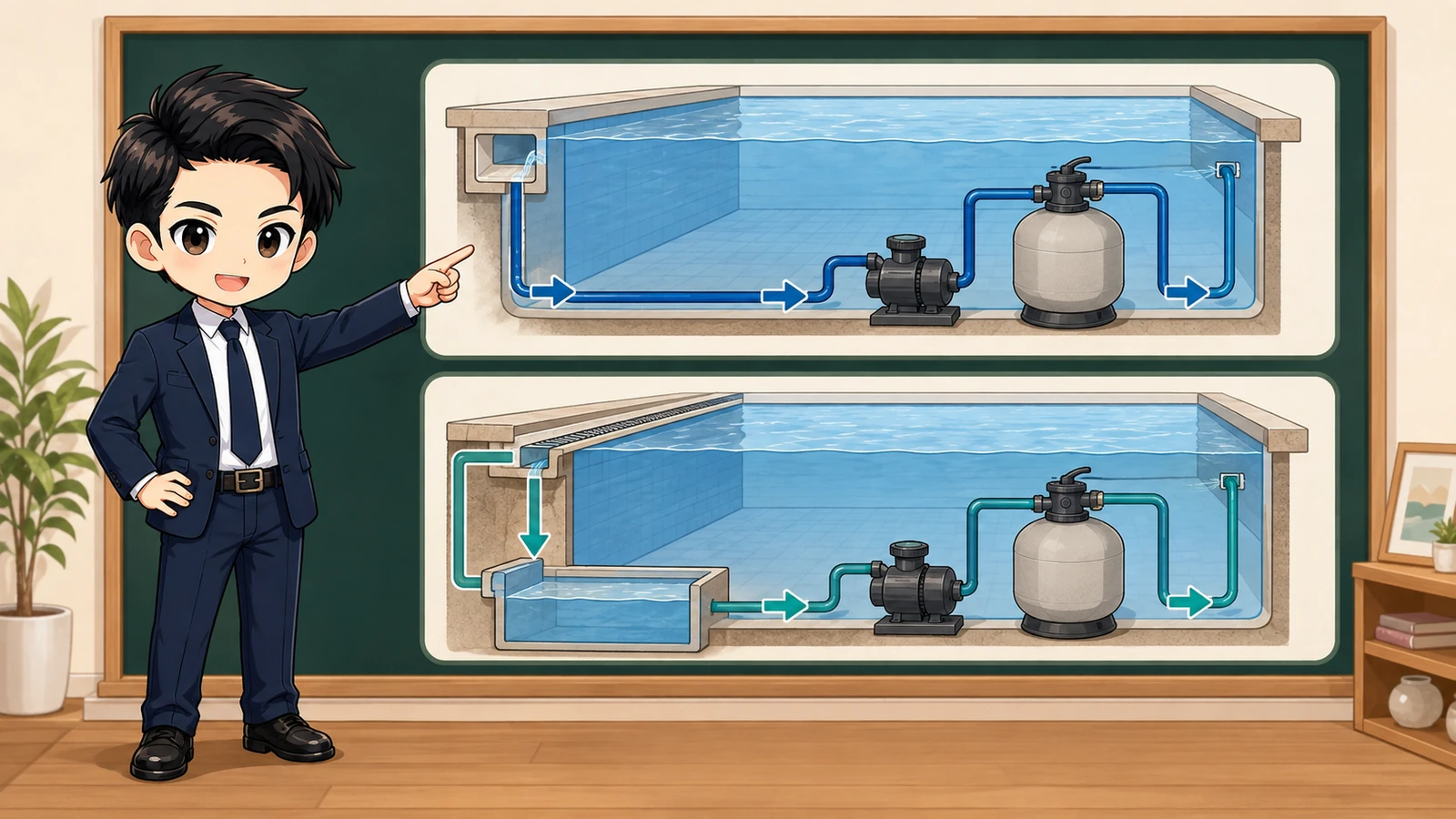 ざわ先生がスキマー吸込口とオーバーフロー溝の水循環を説明するイラスト