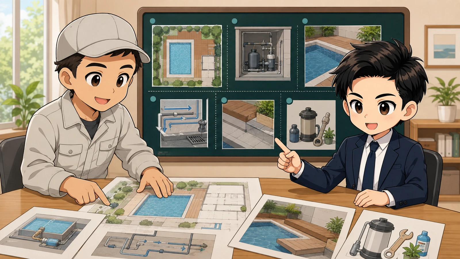 ざわ先生が固定式プールの敷地図と設備計画を施工担当者と確認するイラスト