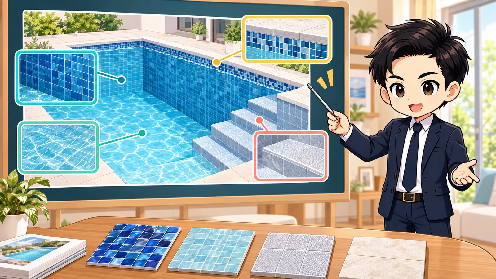 ざわ先生が常設住宅プールの水中・水際・階段に合うタイル仕上げを説明するイラスト