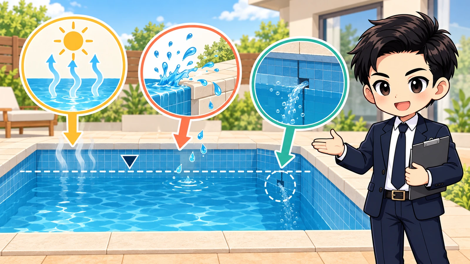 ざわ先生が常設プールの水位低下を蒸発、利用時の持ち出し、漏水に分けて記録する図解