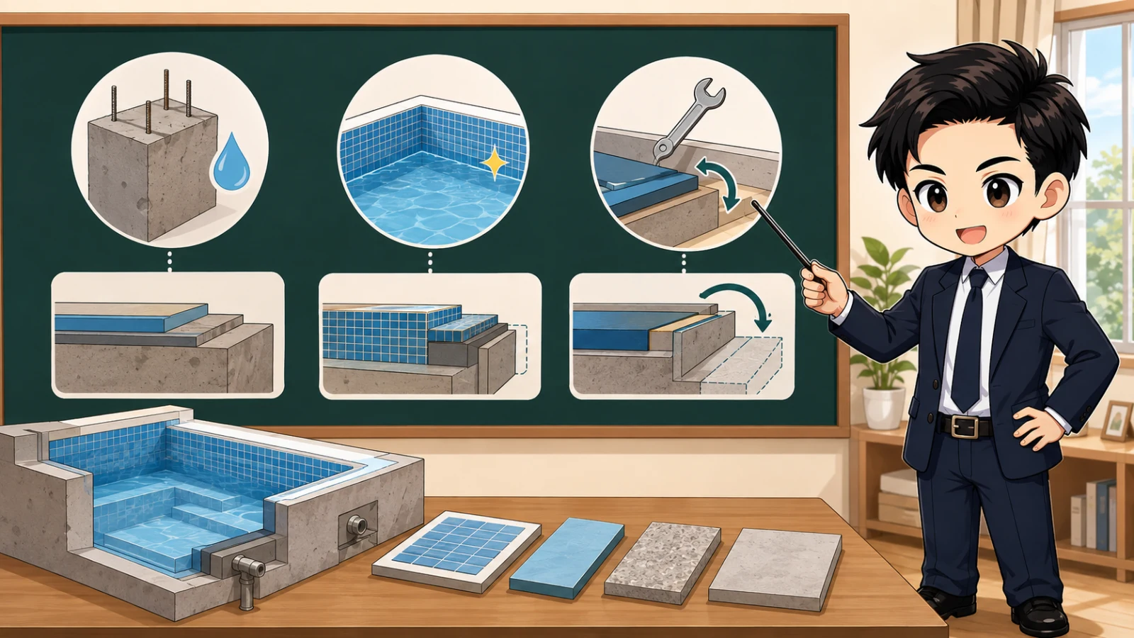 ざわ先生が施工型・固定式・常設型の自宅プール防水工法を解説するイラスト