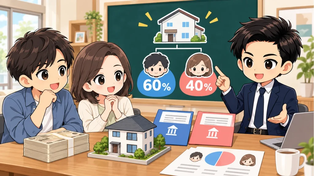 ざわ先生が住宅購入の共有名義と自己資金・ローン・持分割合を説明するイラスト