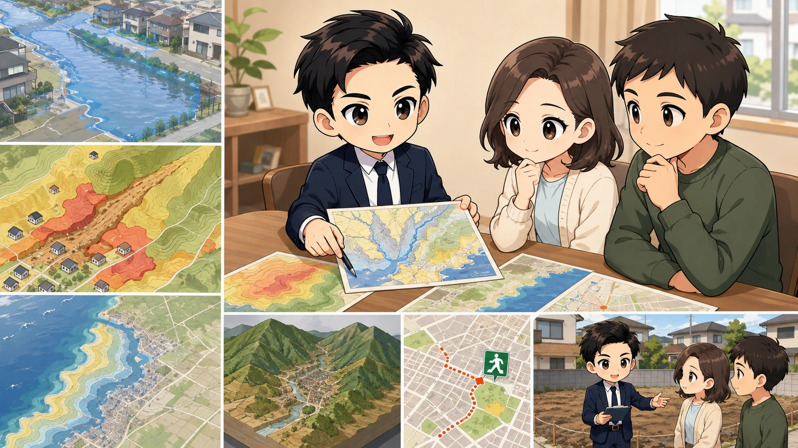 ざわ先生が土地購入前に複数のハザードマップを確認するイラスト