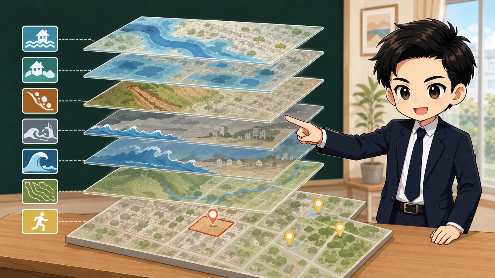 ざわ先生が洪水と土砂災害と津波の地図を重ねて見るイラスト