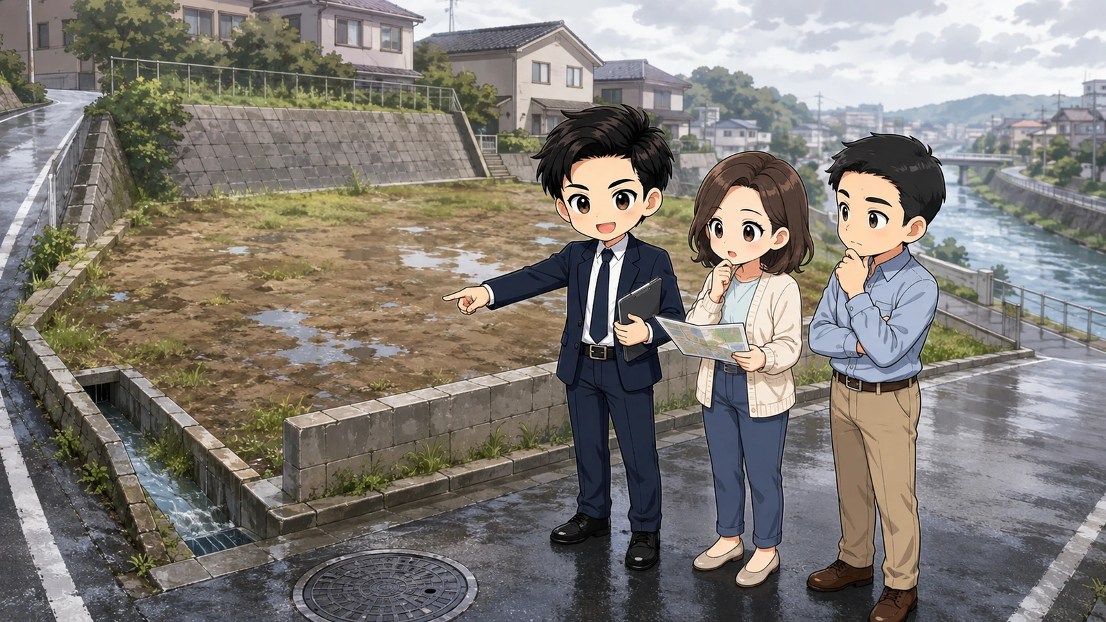 ざわ先生が候補地の高低差と水路と避難経路を現地確認するイラスト