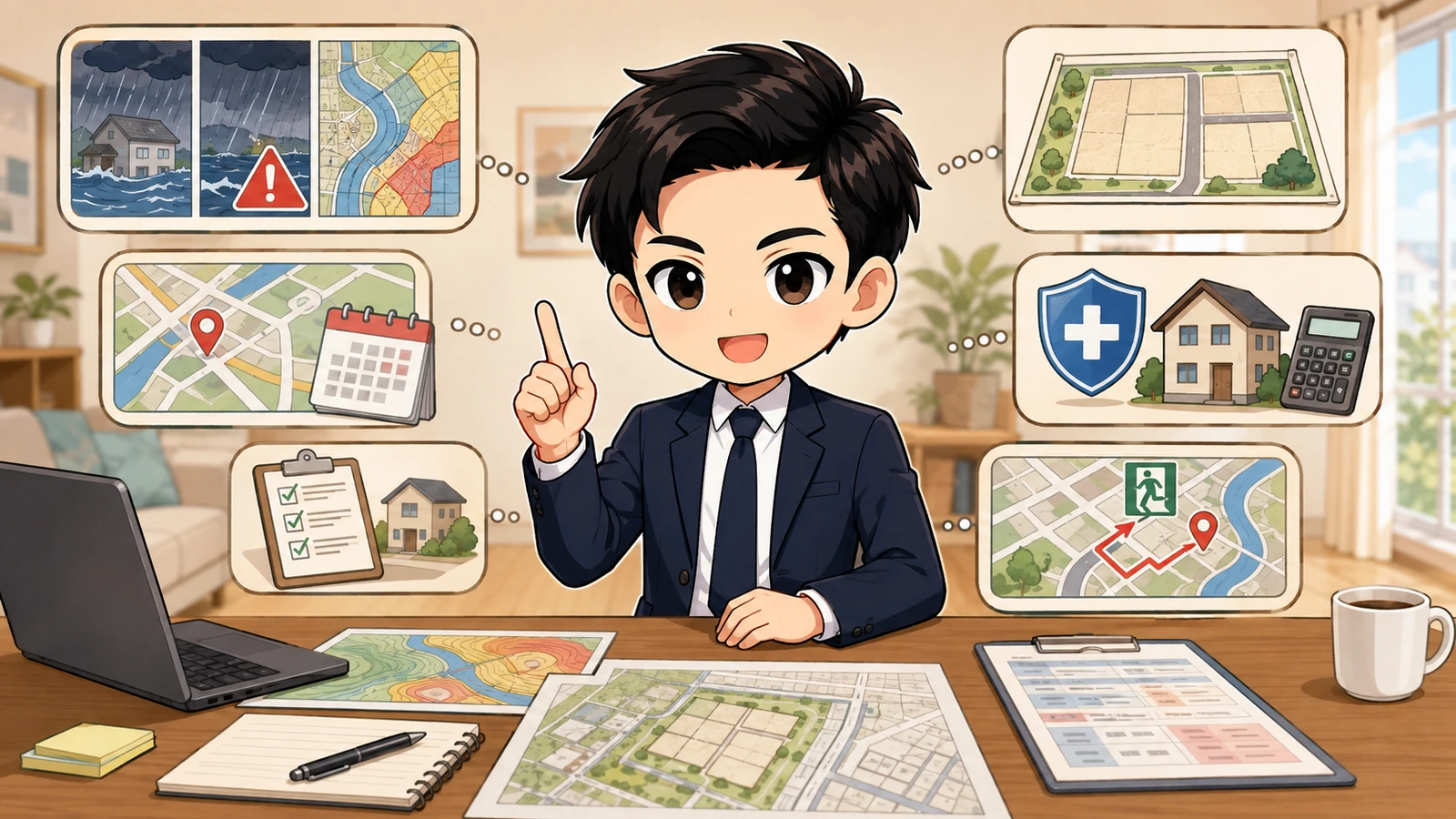ざわ先生が重要事項説明書と災害リスクと住宅計画を照合するイラスト