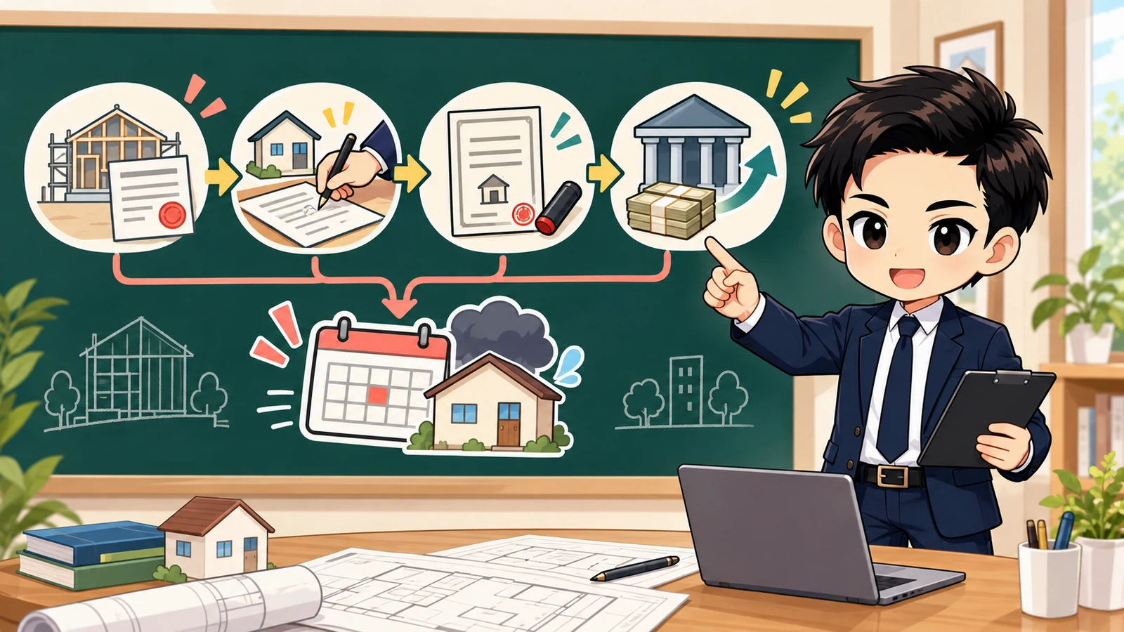 ざわ先生が使用収益開始日・建築許可・清算金・登記・融資を売買契約へ整理する図解