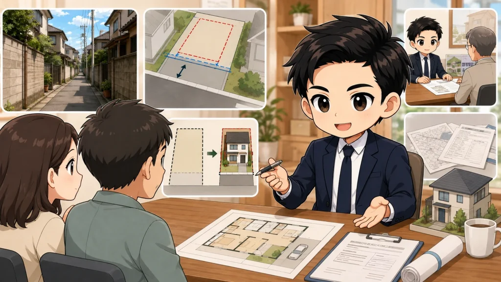 ざわ先生がセットバックが必要な土地の購入前チェックを説明するイラスト