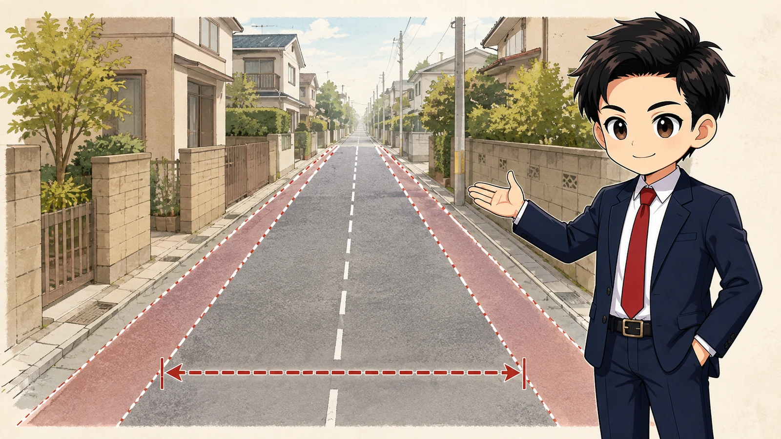 ざわ先生が狭い前面道路の中心線とセットバック後退線を確認する図解
