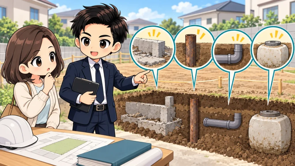 ざわ先生が土地購入前に地中埋設物の調査・契約・撤去費用を確認するイラスト