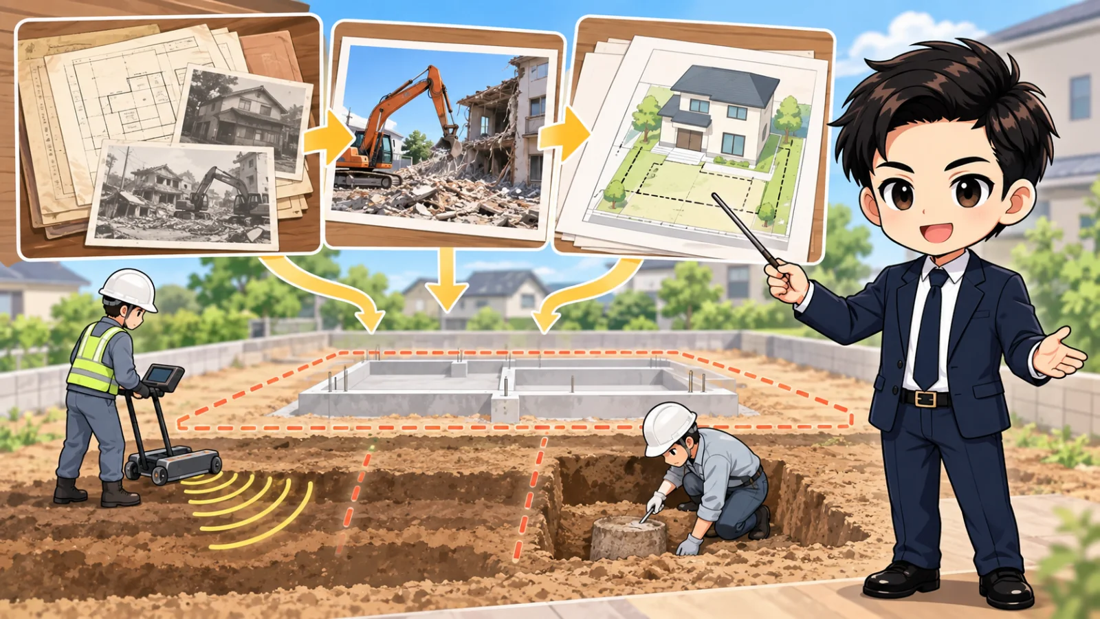 ざわ先生が土地の旧建物・基礎・杭・配管・タンクと試掘範囲を建築計画で確認する図解