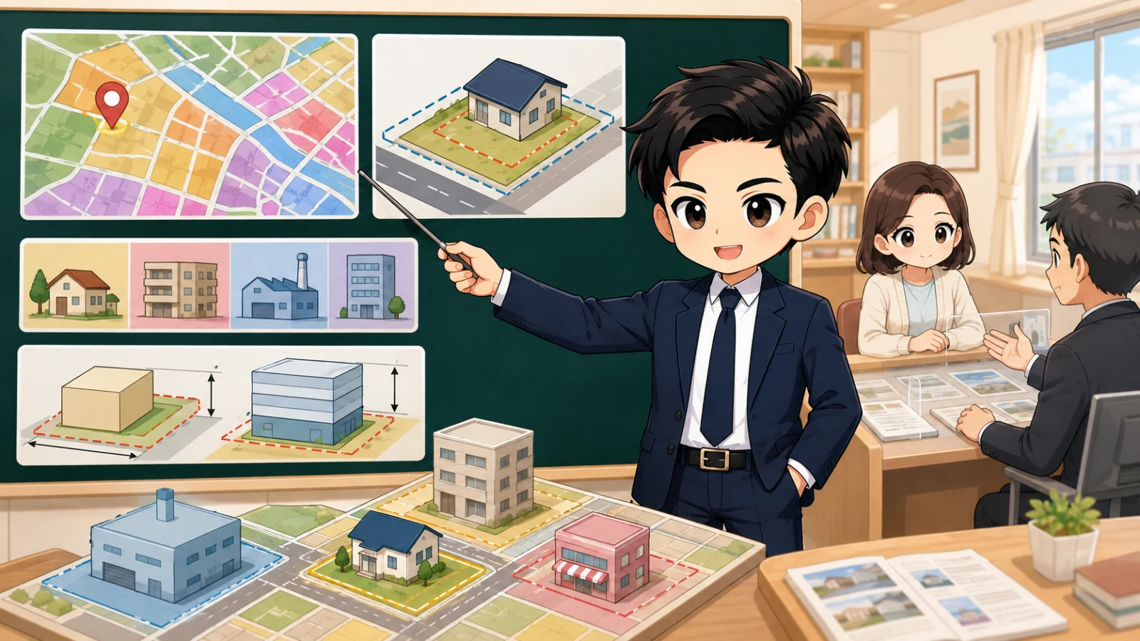 ざわ先生が土地購入前の用途地域と建築制限の確認方法を解説するイラスト