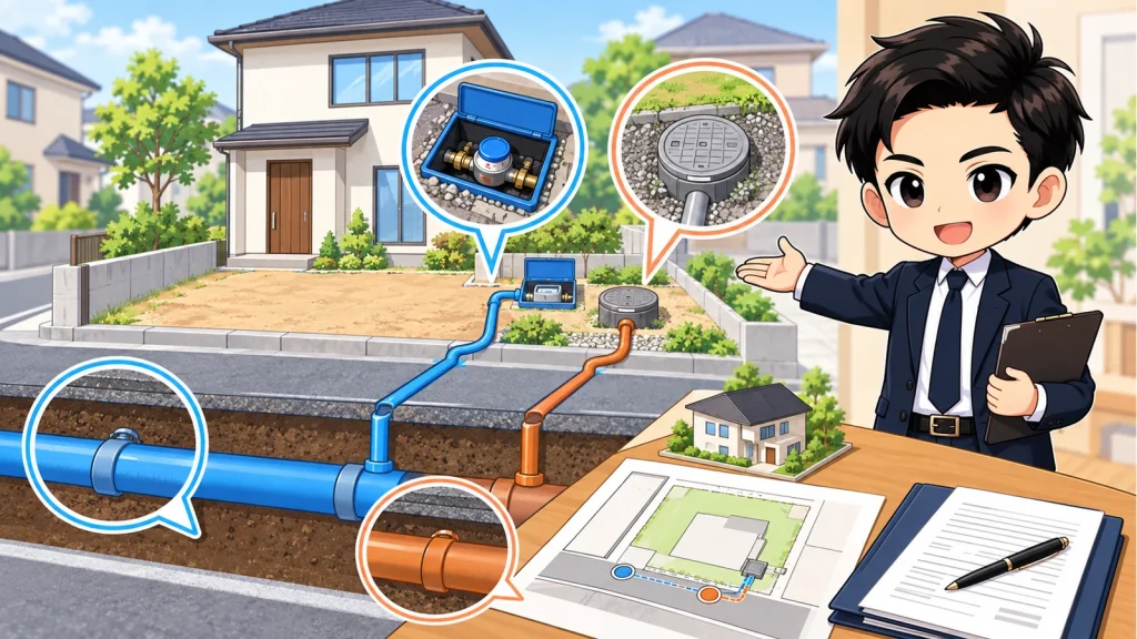 ざわ先生が土地購入前の上下水道本管・敷地内引込・口径・負担金を説明するイラスト