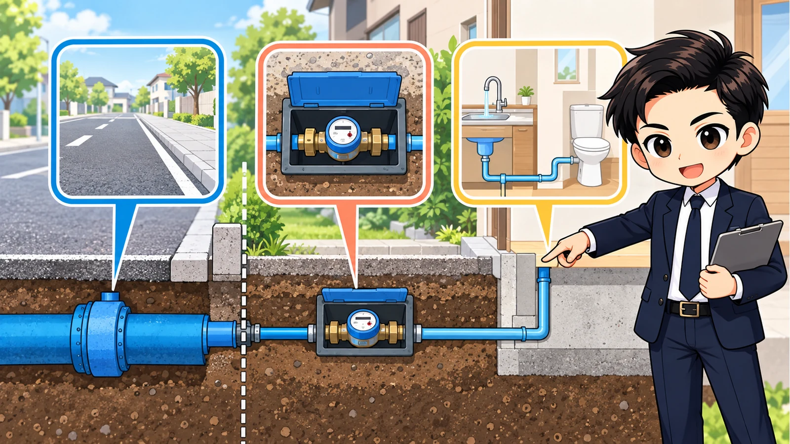 ざわ先生が前面道路の水道本管と敷地内給水管・メーター・口径を分けて確認する図解