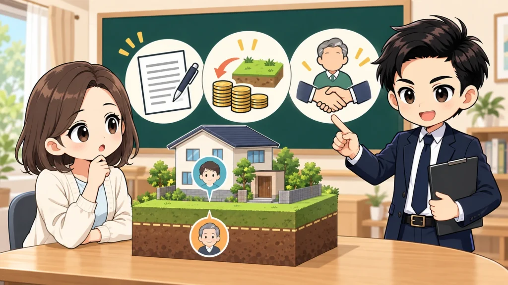 ざわ先生が借地権付き住宅の契約期間・地代・地主承諾・融資を購入前に確認するイラスト