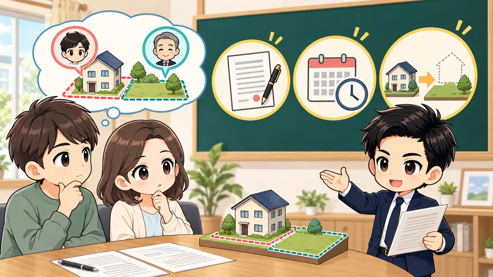 ざわ先生が普通借地権と定期借地権の契約期間・更新・満了時の扱いを資料で比較する図解