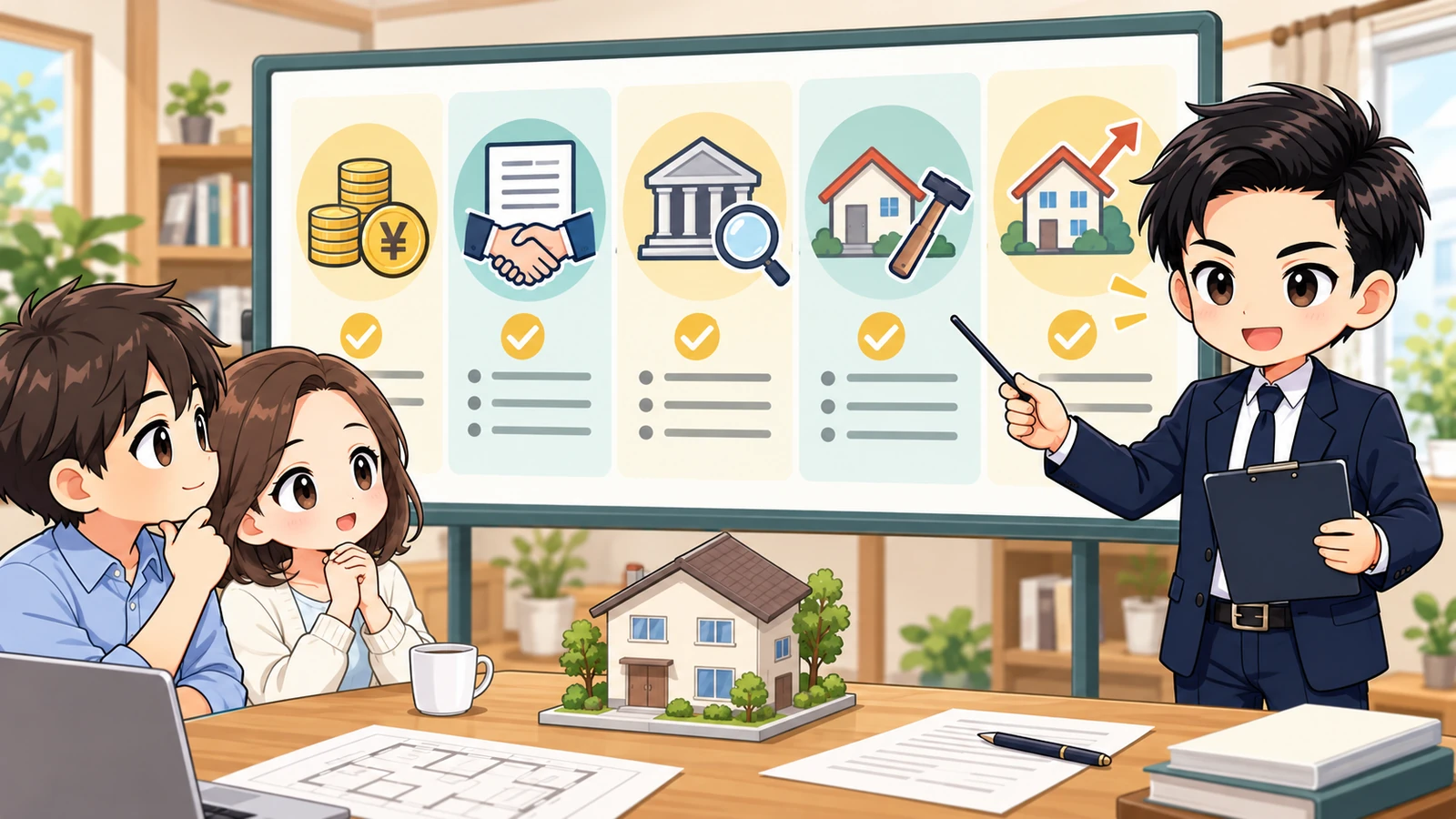 ざわ先生が「借地権付き住宅を買う前の注意点|契約期間・地代・承諾を確認」の確認ポイントをまとめるイラスト