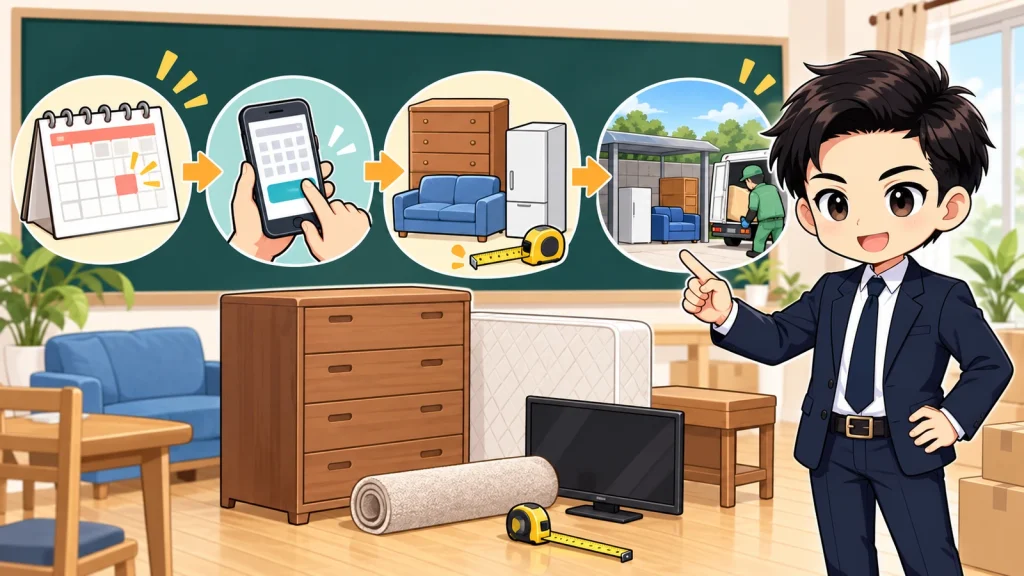 ざわ先生が引っ越し前の粗大ごみ処分をカレンダーと家具で説明するイラスト