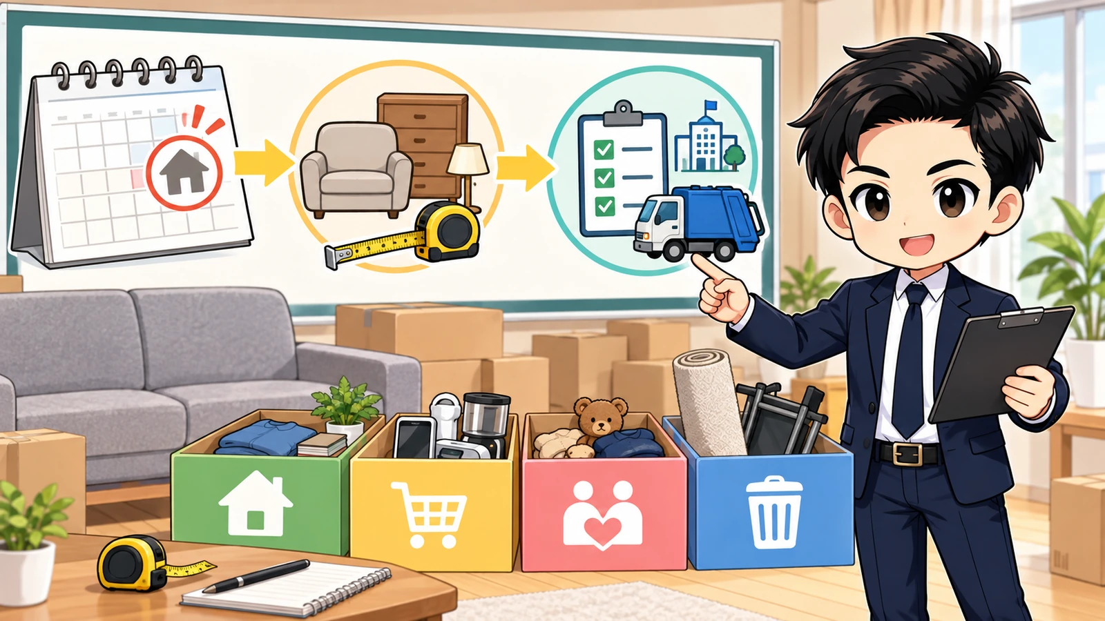 ざわ先生が退去日から逆算して家具の採寸、分別、粗大ごみ予約日を整理する図解