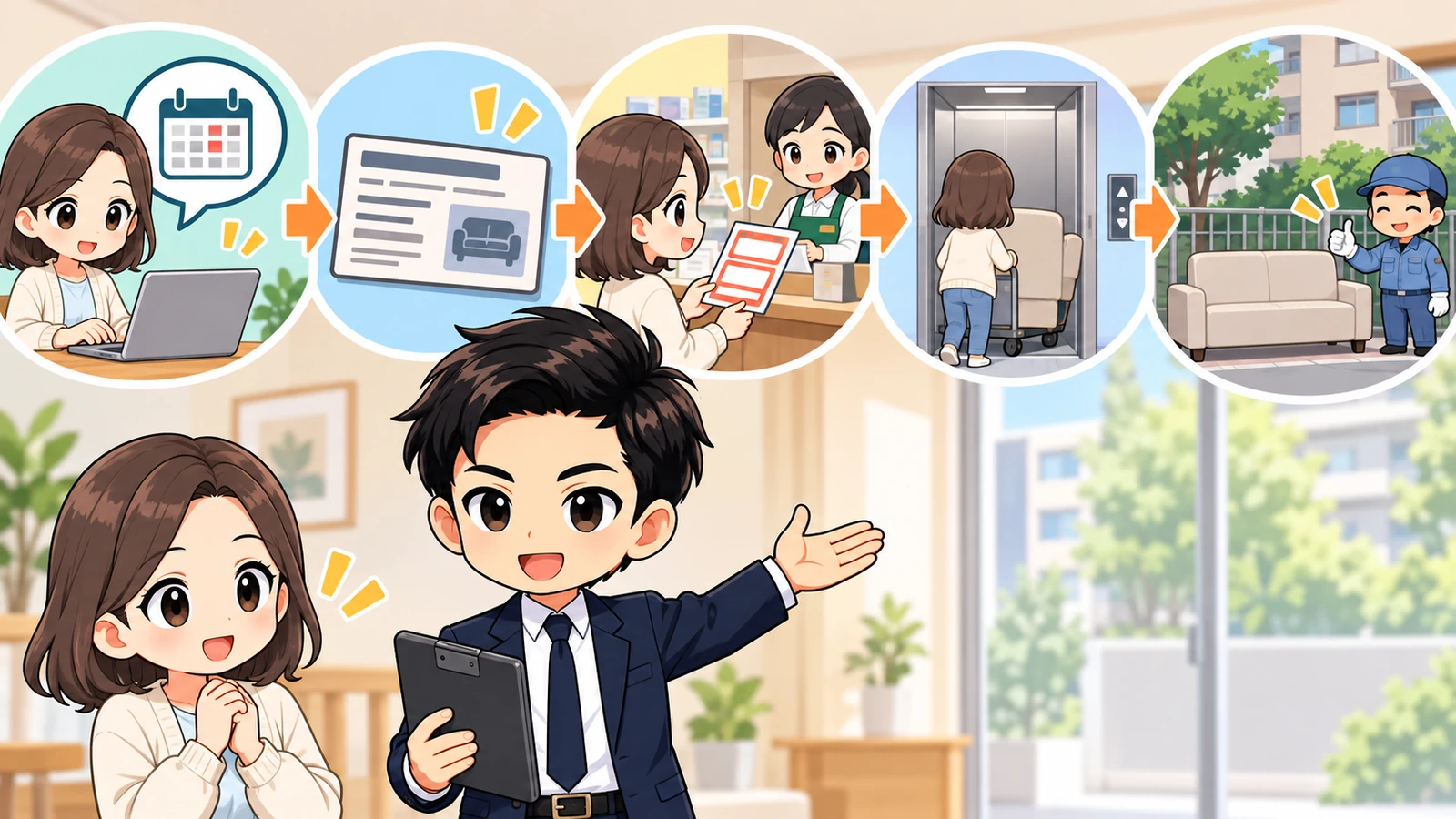 ざわ先生が粗大ごみの予約、処理券購入、指定場所への搬出を順番に説明する場面
