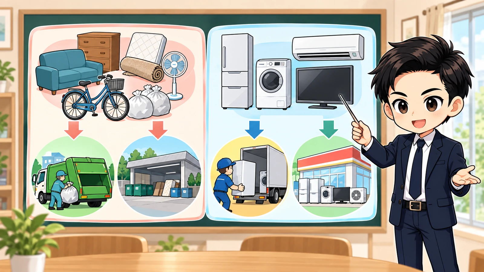 ざわ先生が自治体収集、自己搬入、許可業者、家電リサイクル対象を分ける図解