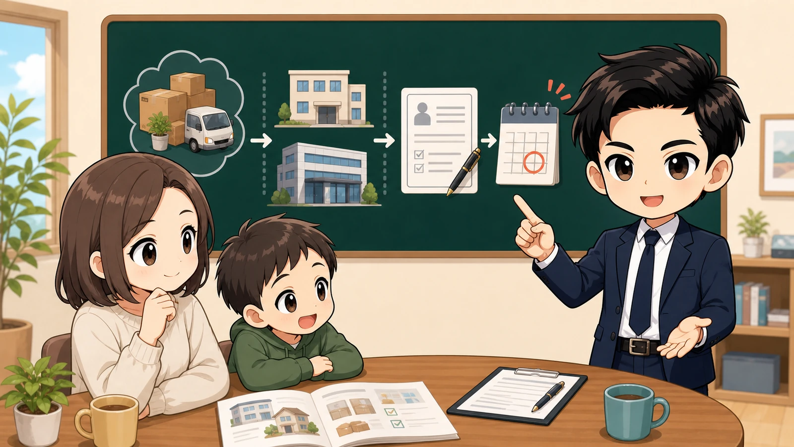ざわ先生が引っ越し時の児童手当手続きの順番を説明するイラスト