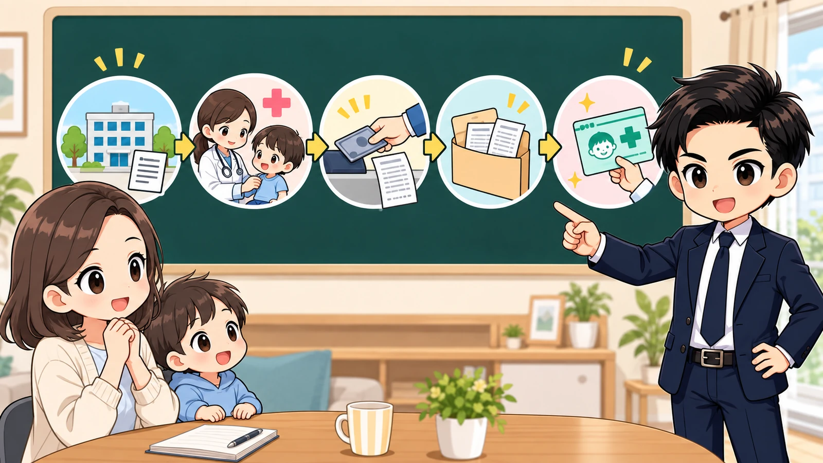 ざわ先生が転入後の子ども医療費助成申請と医療証到着前の受診対応を示す図解
