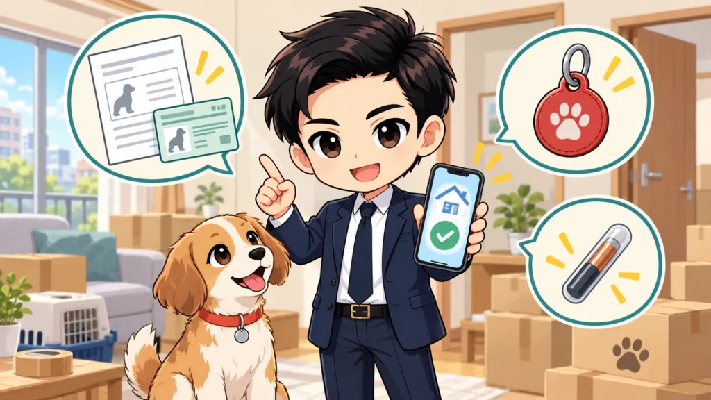 ざわ先生が犬と引っ越すときの登録と住所変更手続きを説明するイラスト