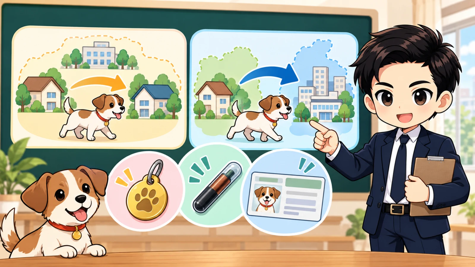 ざわ先生が犬の市内転居と自治体間転居、鑑札とマイクロチップ登録を分ける図解