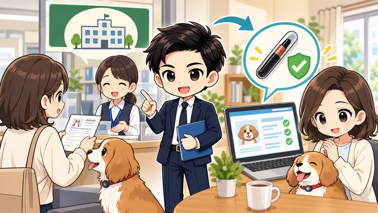 ざわ先生が自治体窓口の犬登録と環境省マイクロチップ情報を更新する手順を説明する図解