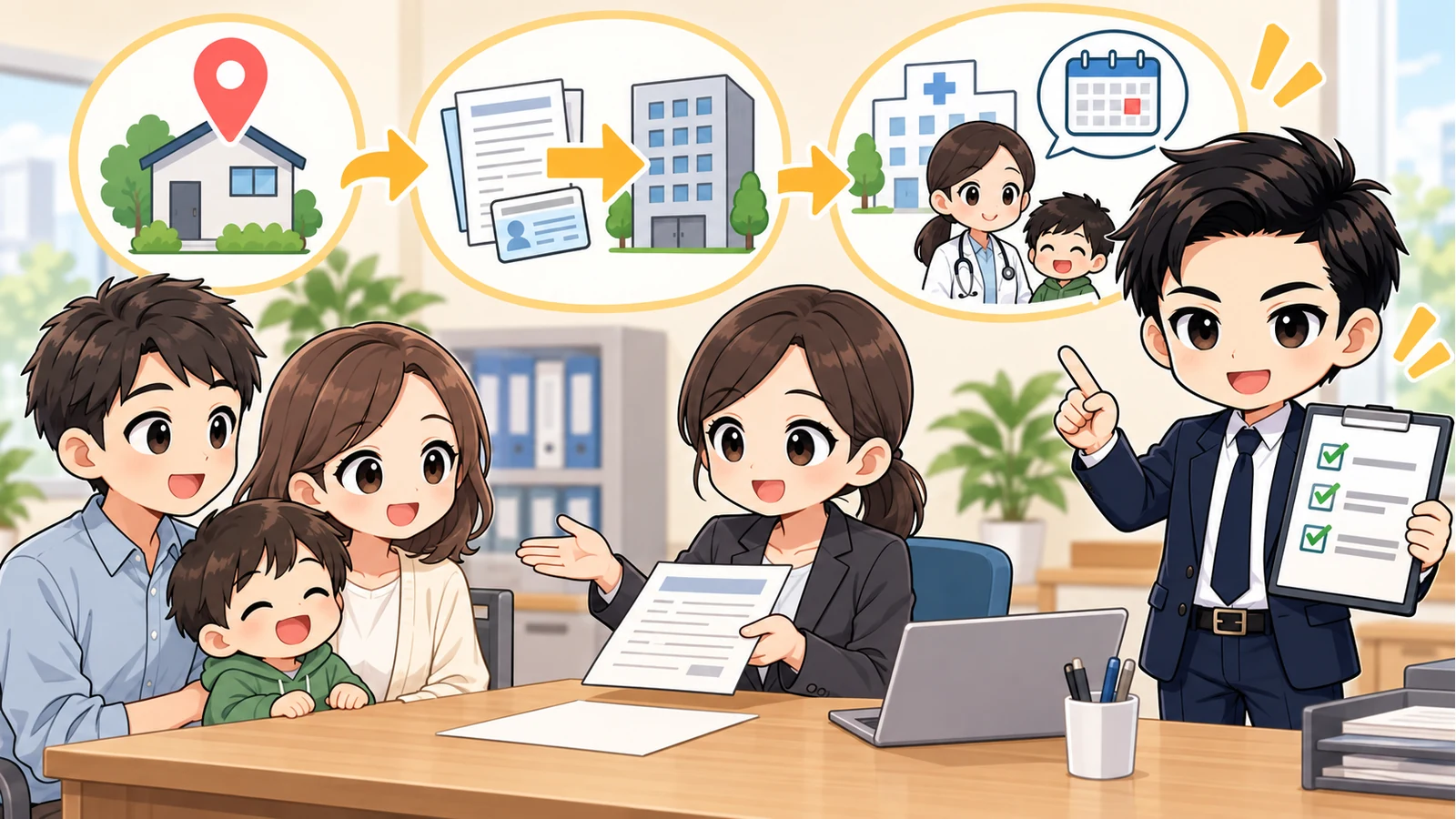 ざわ先生が「引っ越しで会社員の社会保険住所変更｜本人・被扶養者・別居を確認」の確認ポイントをまとめるイラスト