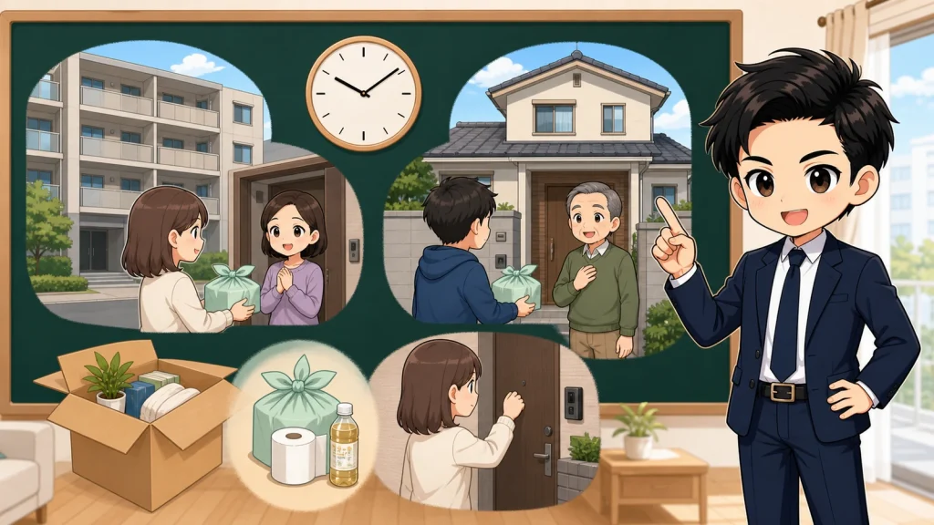 ざわ先生が引っ越し挨拶の時期と範囲を説明するイラスト