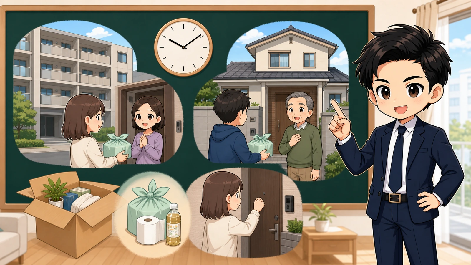 ざわ先生が引っ越し挨拶の時期と範囲を説明するイラスト