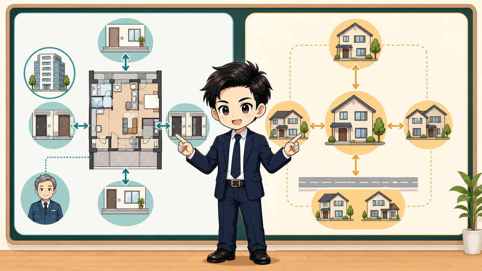 ざわ先生が集合住宅と戸建ての挨拶範囲を比較するイラスト