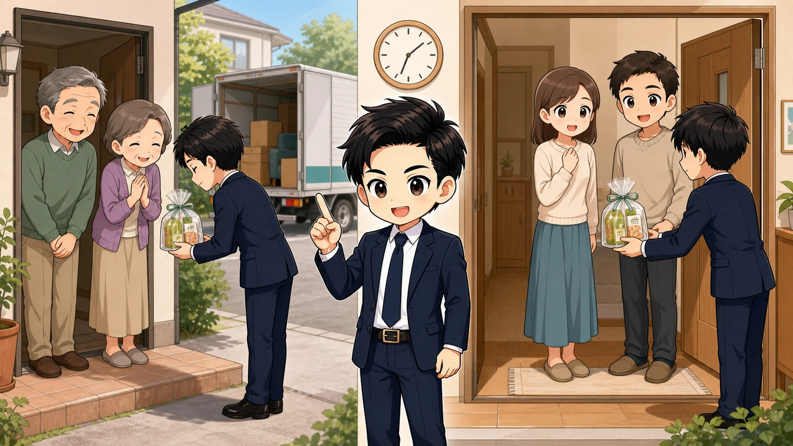 ざわ先生が旧居・新居で挨拶する時間帯と内容を説明するイラスト