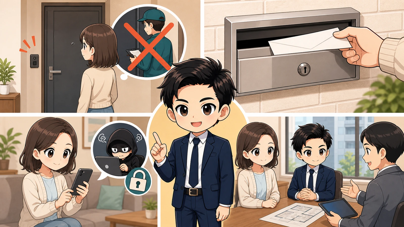 ざわ先生が引っ越し挨拶の不在時対応と防犯を説明するイラスト
