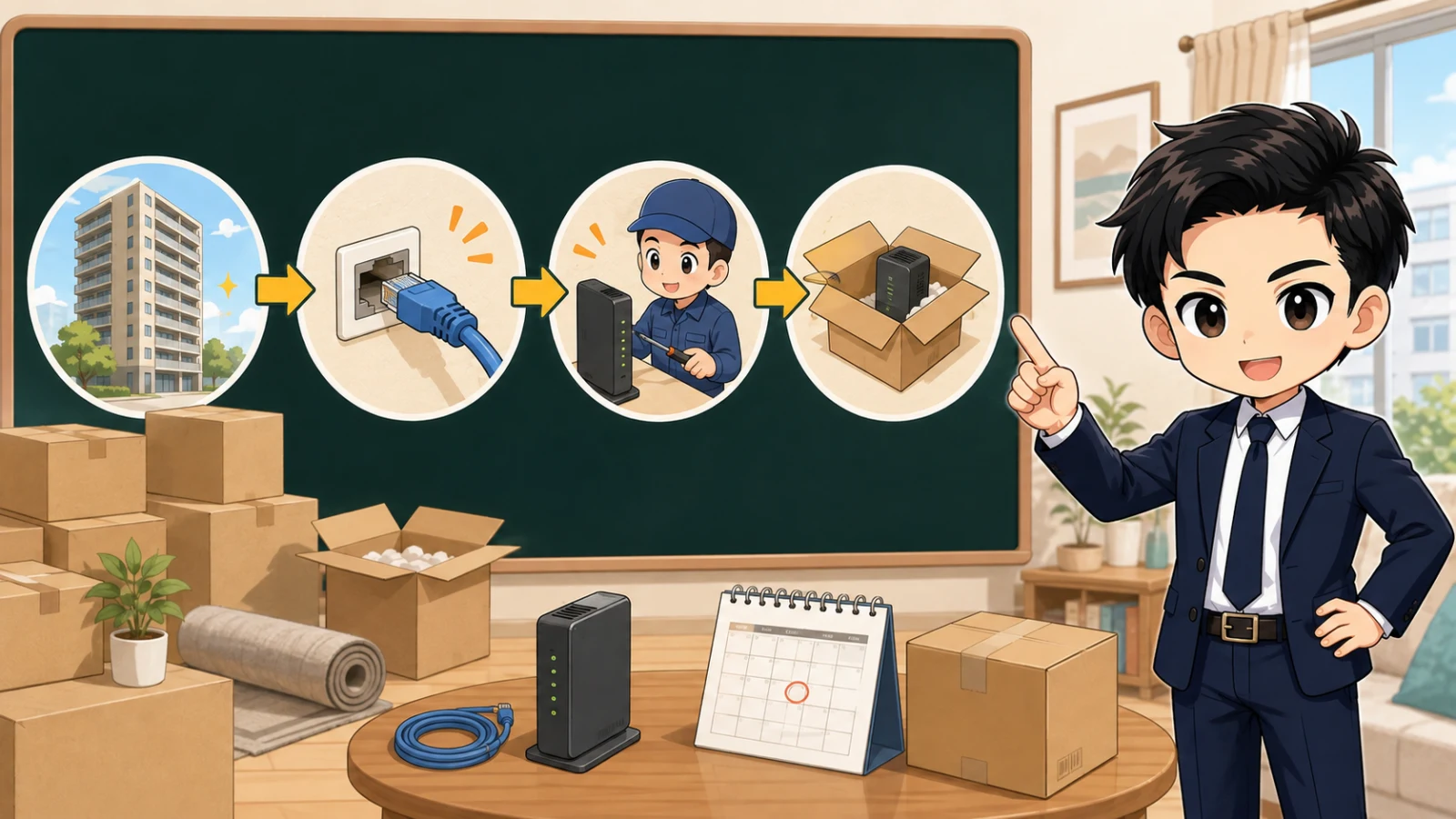 ざわ先生が引っ越し時のインターネット手続きの順番を説明するイラスト