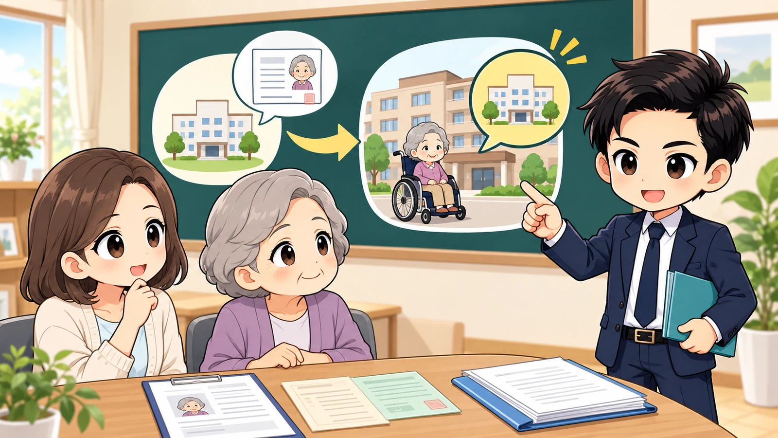 ざわ先生が要介護認定の引継ぎ、受給資格証明書、住所地特例施設を確認する図解