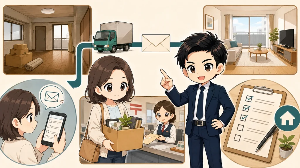 ざわ先生が引っ越し時の郵便転送手続きを説明するイラスト