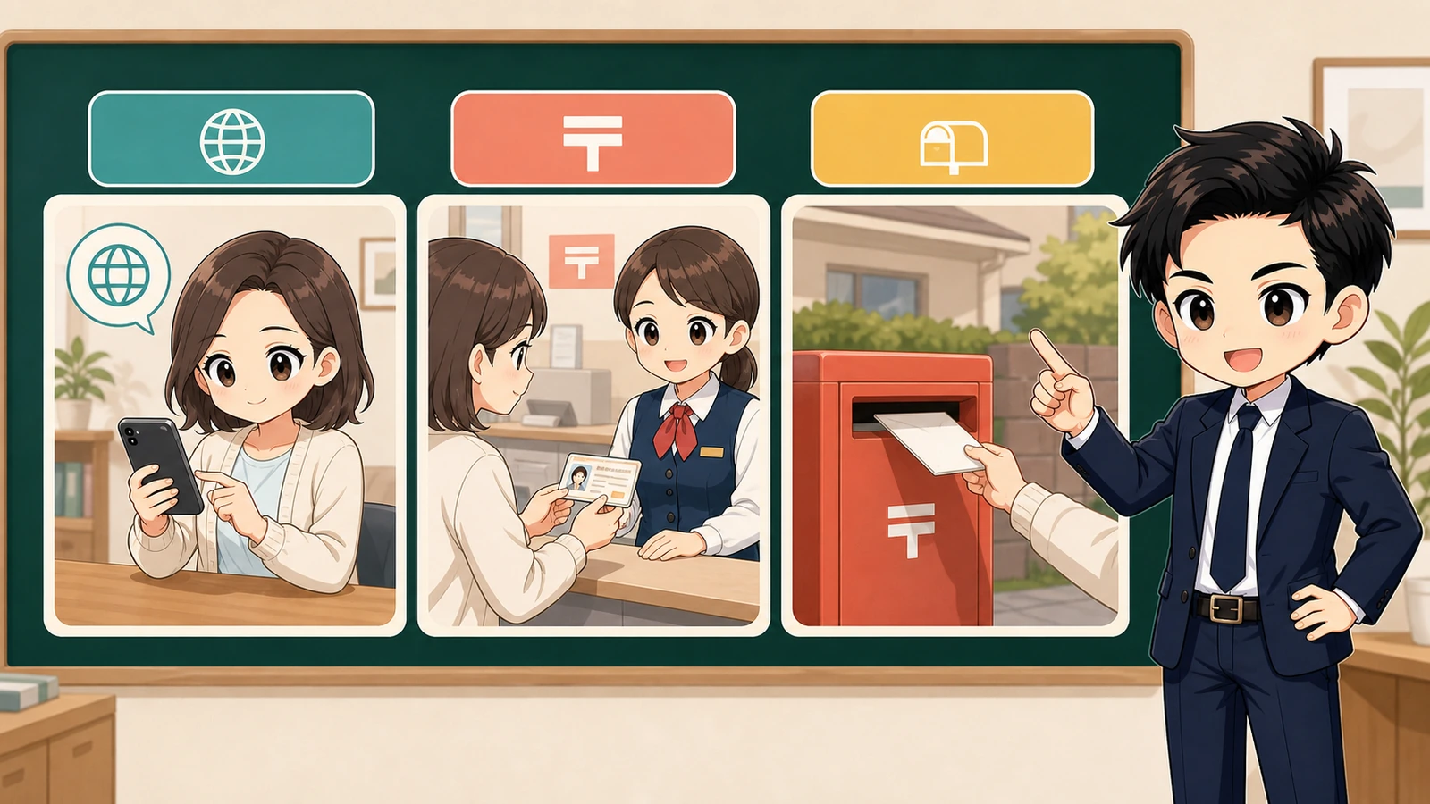 ざわ先生がe転居と郵便局窓口とポスト提出を比較するイラスト