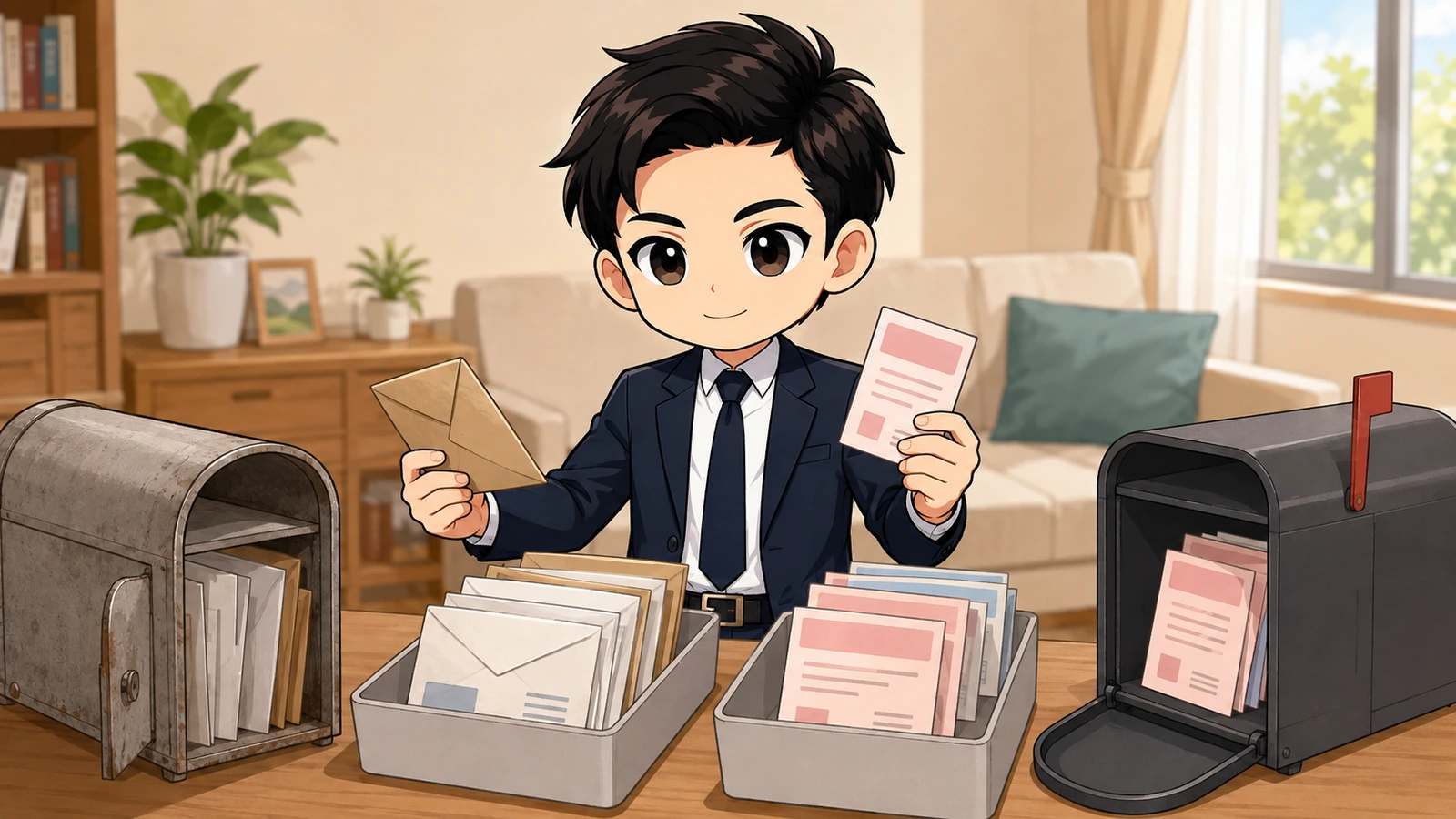 ざわ先生が転送郵便と届かない郵便物を仕分けるイラスト