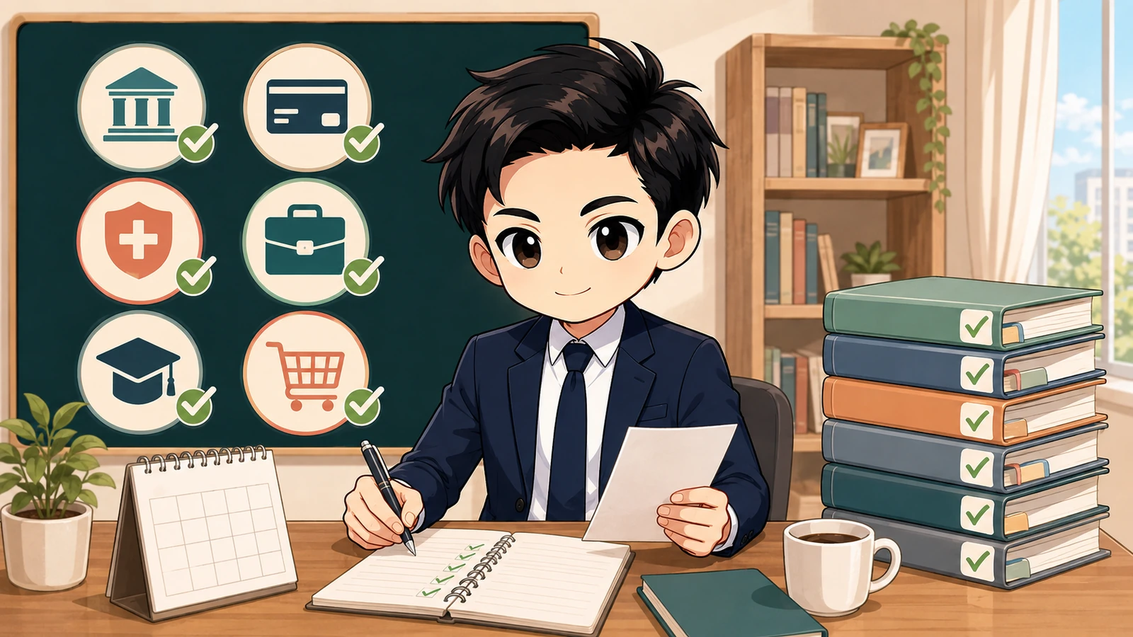 ざわ先生が銀行や保険など差出人別の住所変更を確認するイラスト