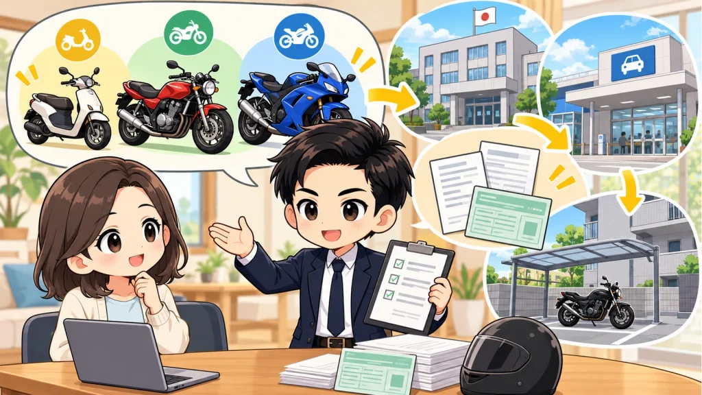 ざわ先生が引っ越し時のバイク住所変更を原付・軽二輪・小型二輪に分けて説明するイラスト