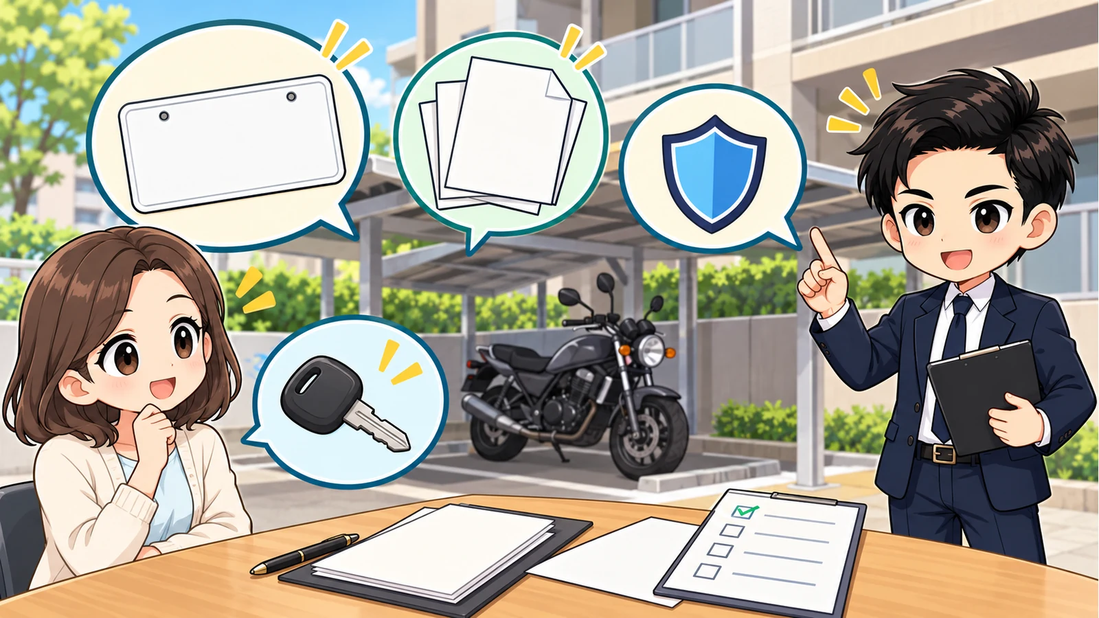 ざわ先生が文字のない記号でバイクの登録書類・保険・鍵・駐輪場を確認する図解
