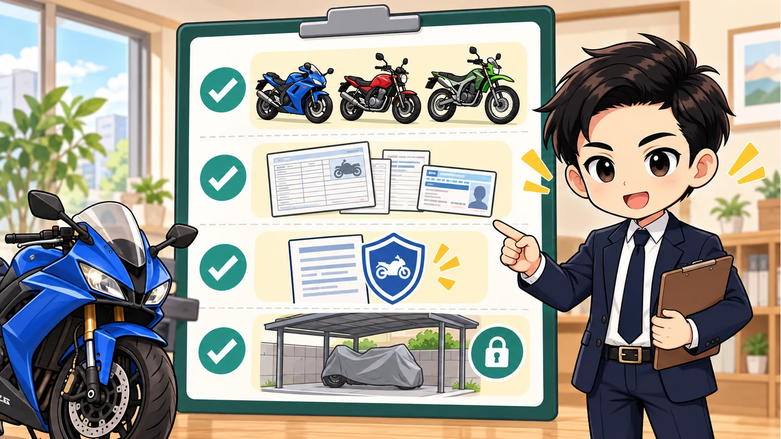 ざわ先生が「引っ越し時のバイク住所変更｜原付・軽二輪・小型二輪の手続き」の確認ポイントをまとめるイラスト