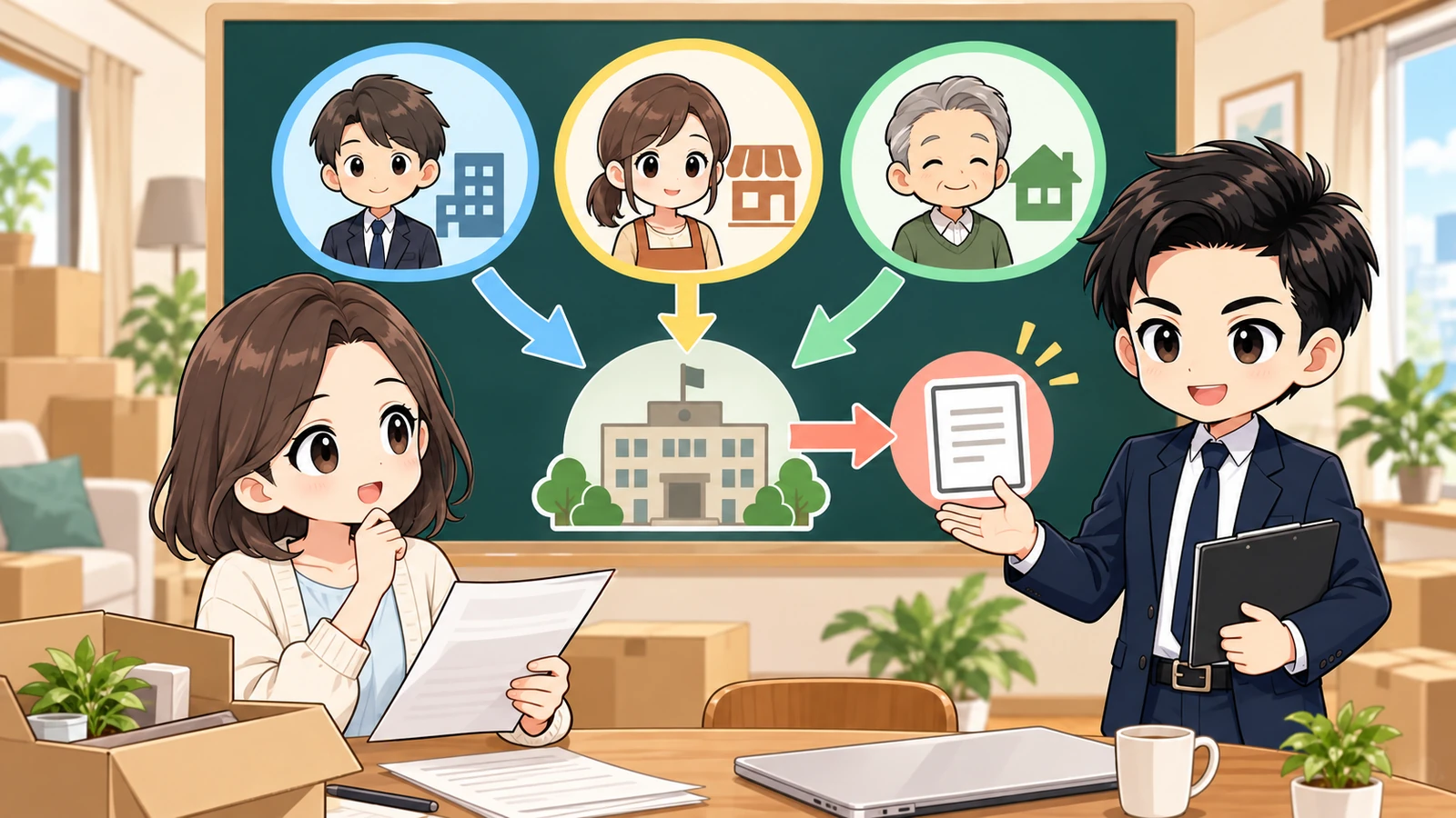 ざわ先生が引っ越し時の国民年金住所変更を加入区分別に説明するイラスト
