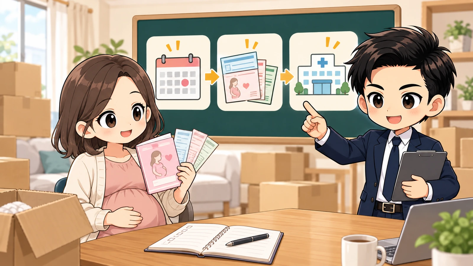 ざわ先生が妊娠中の転出前に健診日・未使用受診票・転院予約を整理する図解