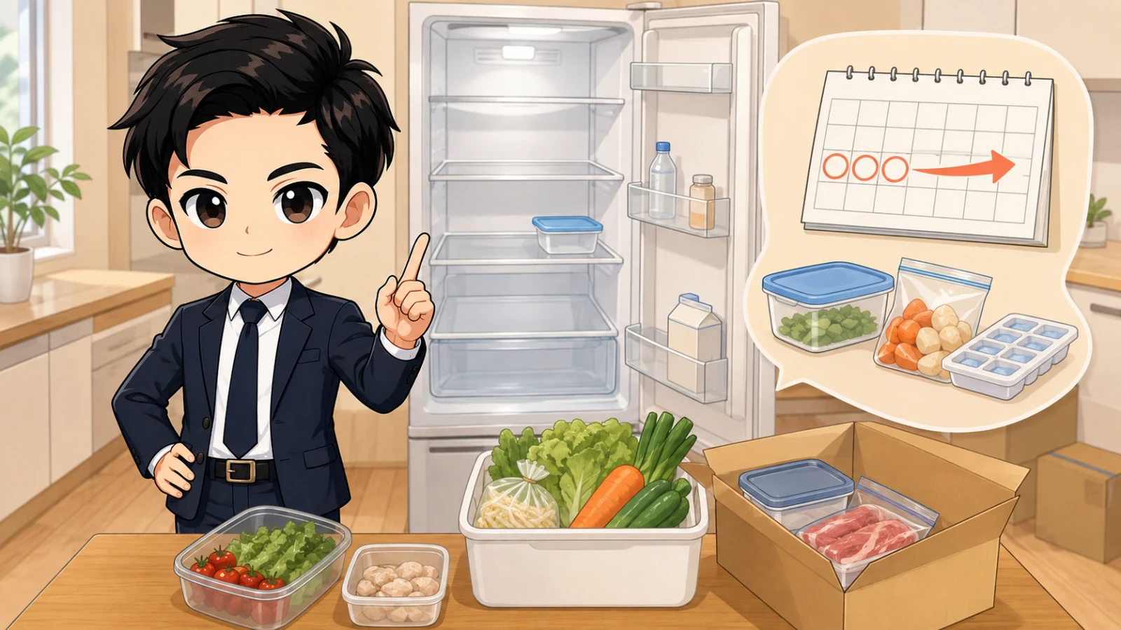 ざわ先生が冷蔵庫の食材整理と製氷停止を引っ越し予定表で説明する場面