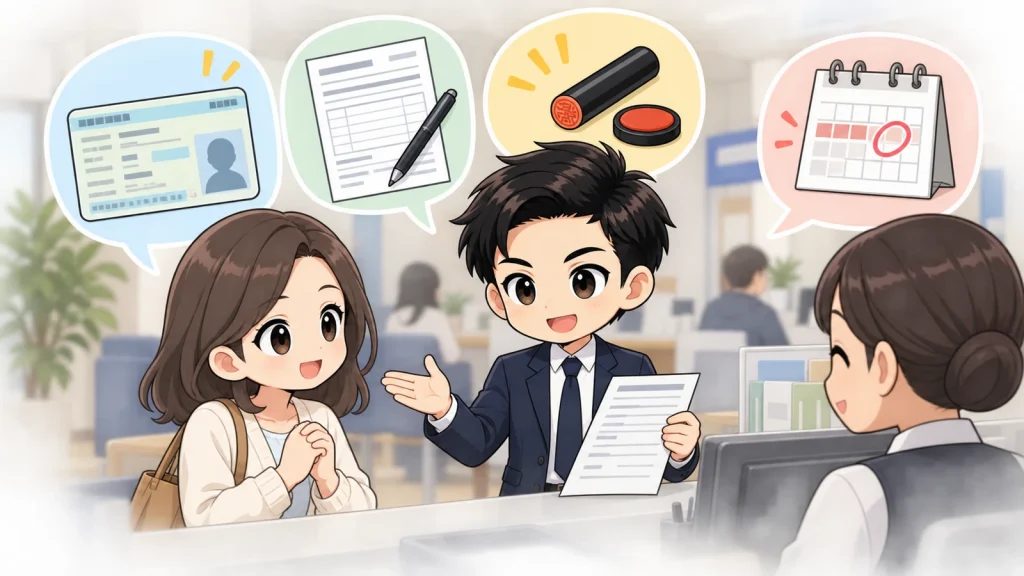 ざわ先生が引っ越し後の在留カード住所変更と14日以内の市区町村手続きを説明するイラスト